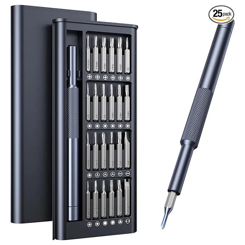 25-in-one magnetic precision screwdriver set with knurled black handle and multiple bits.
