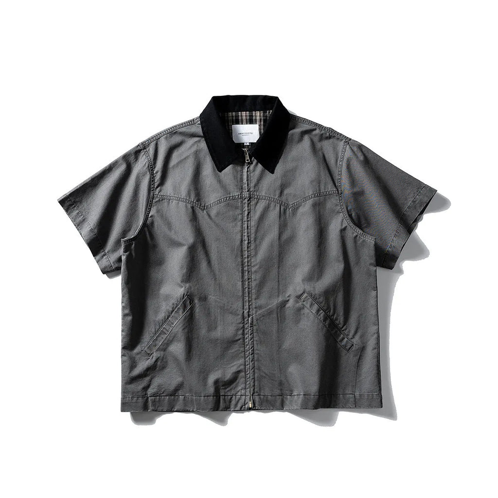 Grey loose-fit short-sleeved cardigan-style overalls shirt on a hanger.