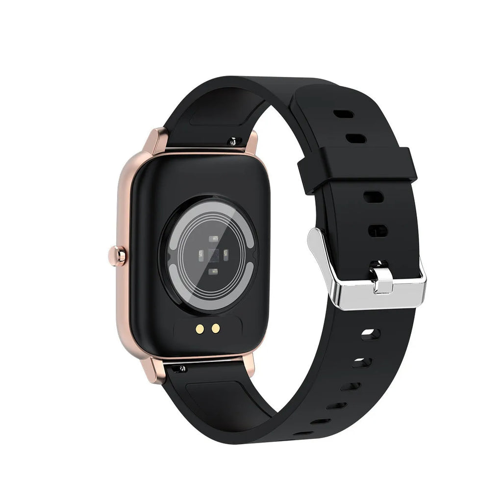 H80 smartwatch with black silicone strap showing ECG and heart rate data on its 1.69-inch screen.