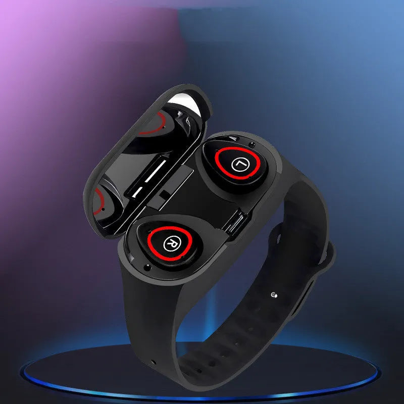 Blue silicone smart bracelet earphone combo wearable with a 1-inch screen on a wrist.