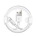 White Apple Lightning charger cable head compatible with iPhone, shown in 1m and 2m length options