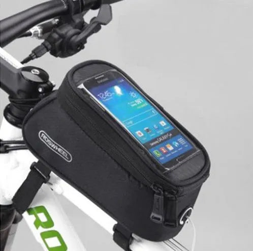 ROSWHEEL black PVC bicycle frame bag holding an iPhone on a bike top tube