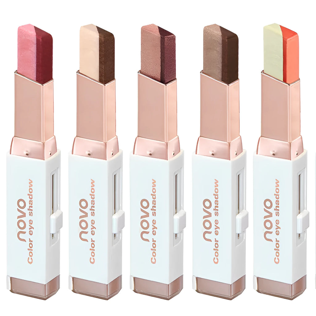 Two-color gradient eye shadow stick with smudge effect and push-button release