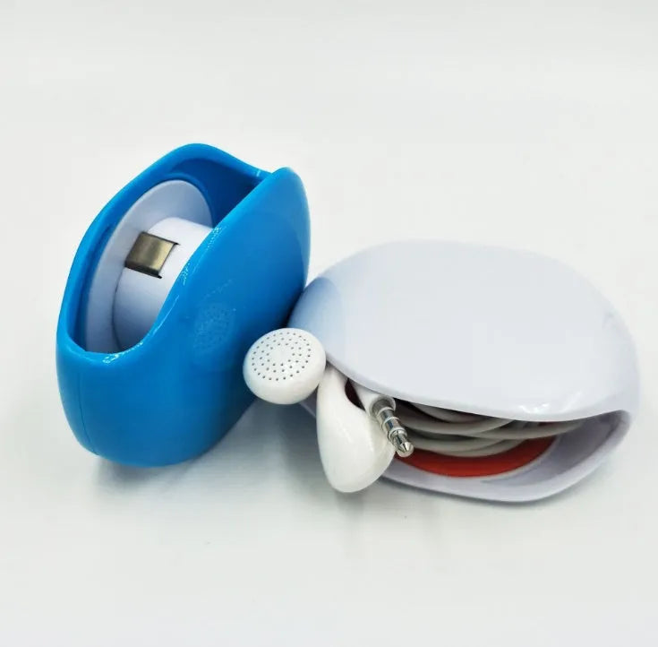 Automatic earphone cable winder retractor in blue, showing compact size next to a 3.5mm jack.
