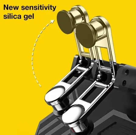 AK77 black mobile phone game handle with physical triggers, heat sink power supply and rotating lever for PUBG gaming