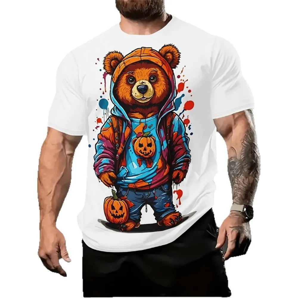Man wearing a loose fit short sleeve linen shirt with a raised 3D cartoon print design.