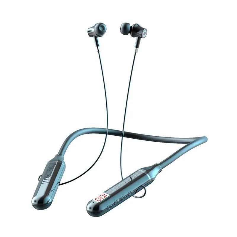 Black wireless neckband sports headphones with power display and 30-hour battery life.