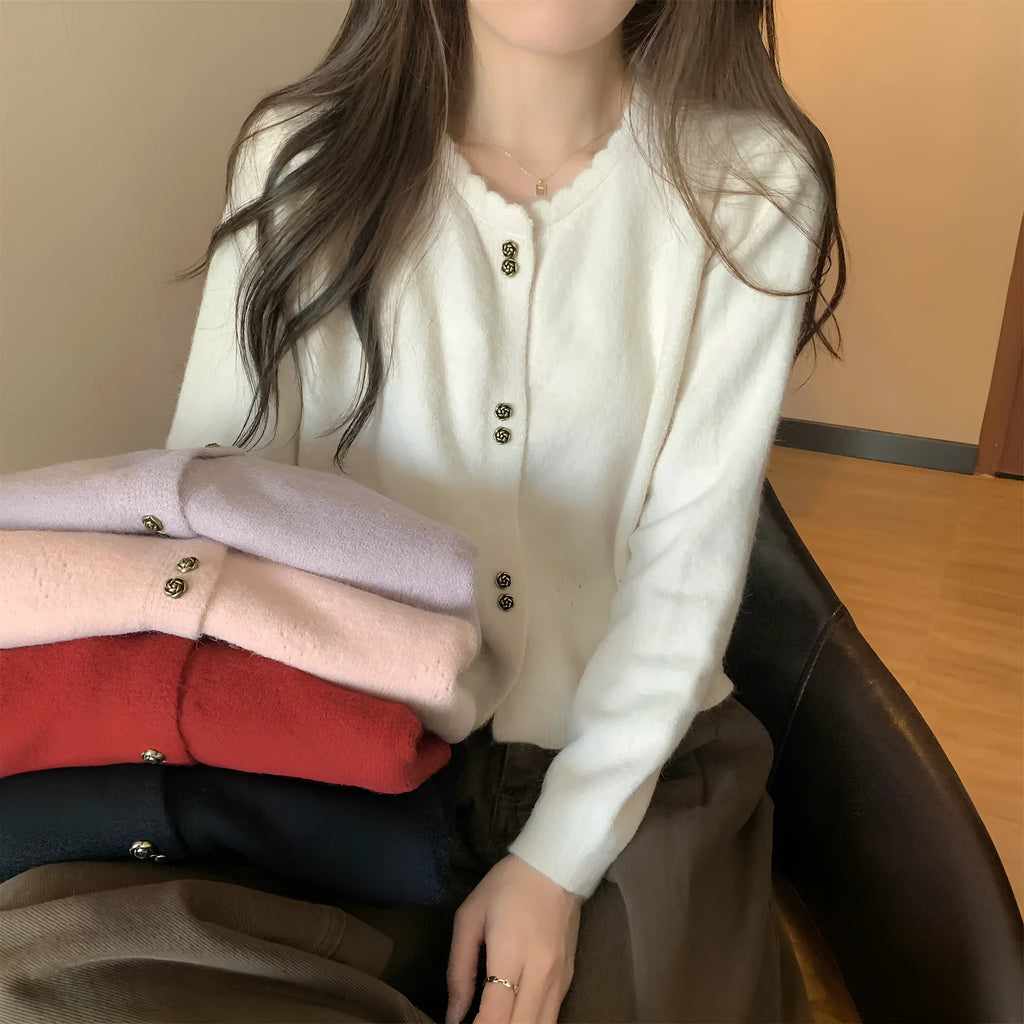 Women's long-sleeved acrylic cardigan coat in beige, black, light purple, pink, or red