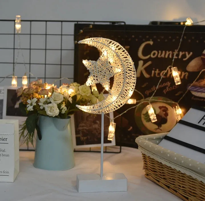 Rattan and PC LED star, heart, and moon shaped battery operated decorative lamps.