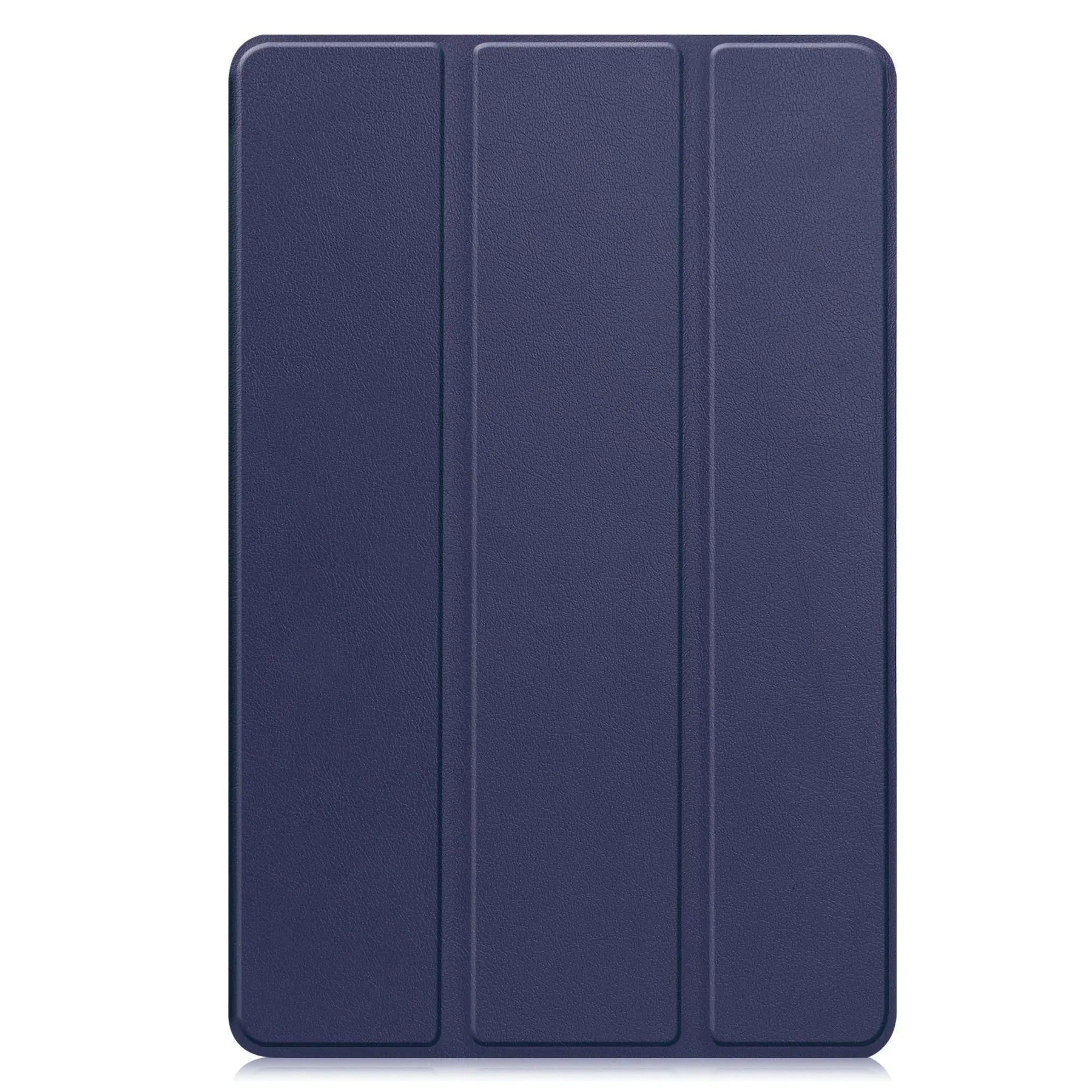 Samsung Tab S10 FE Plus tablet in a tri-fold black leather case with built-in stand open for viewing.
