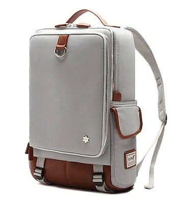 Men's modern Oxford cloth backpack in seven colour options showing dimensions of 30cm wide by 16cm thick by 46cm high