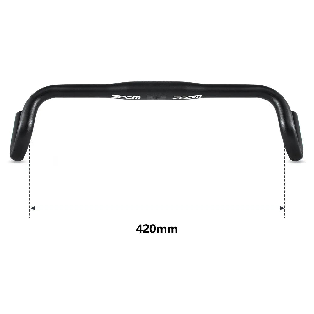Black aluminium alloy road bike drop handlebar showing 420mm width and 31.8mm clamp area.