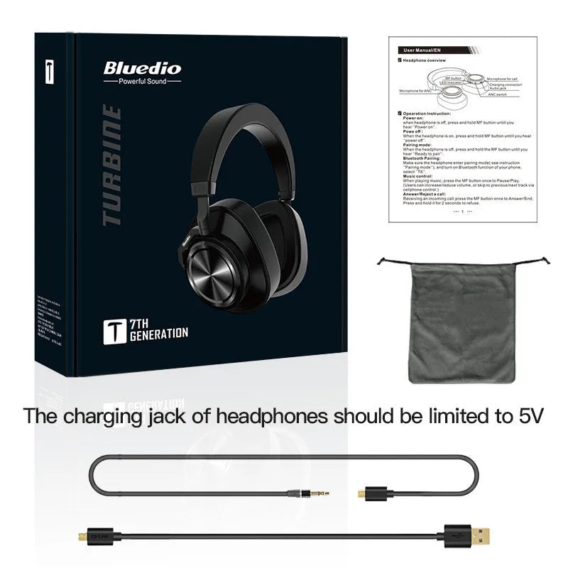 T7 Bluetooth wireless headset in black with adjustable headband and foam ear cushions