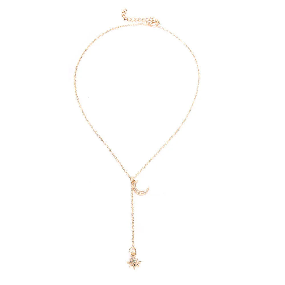 Gold alloy women's moon sun necklace with snake bone chain