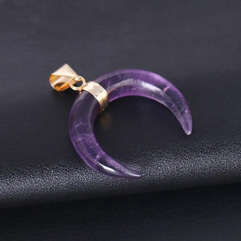 Natural stone moon pendant necklace with copper fittings on adjustable chain, pink and purple colour options