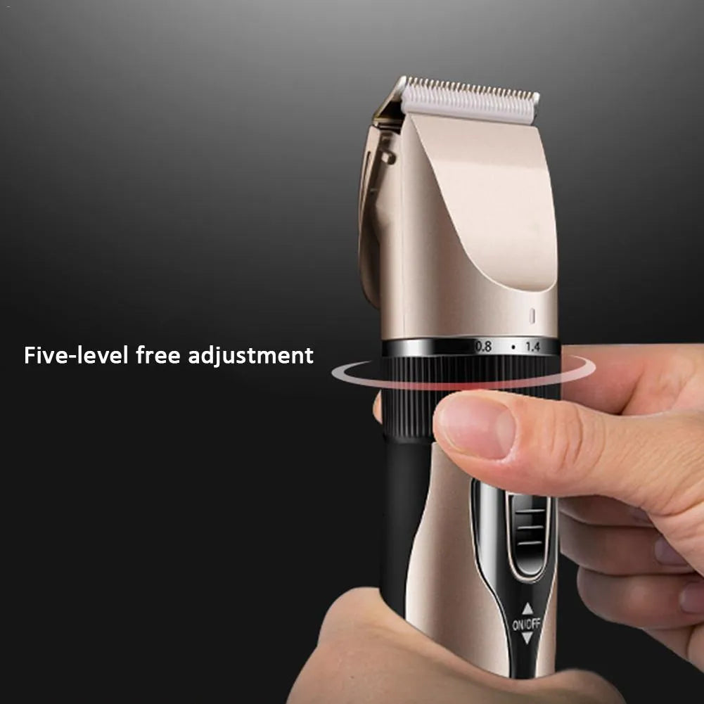 Golden professional cordless pet grooming clipper kit with ceramic titanium blade, four guide combs, nail clippers, and file on a table