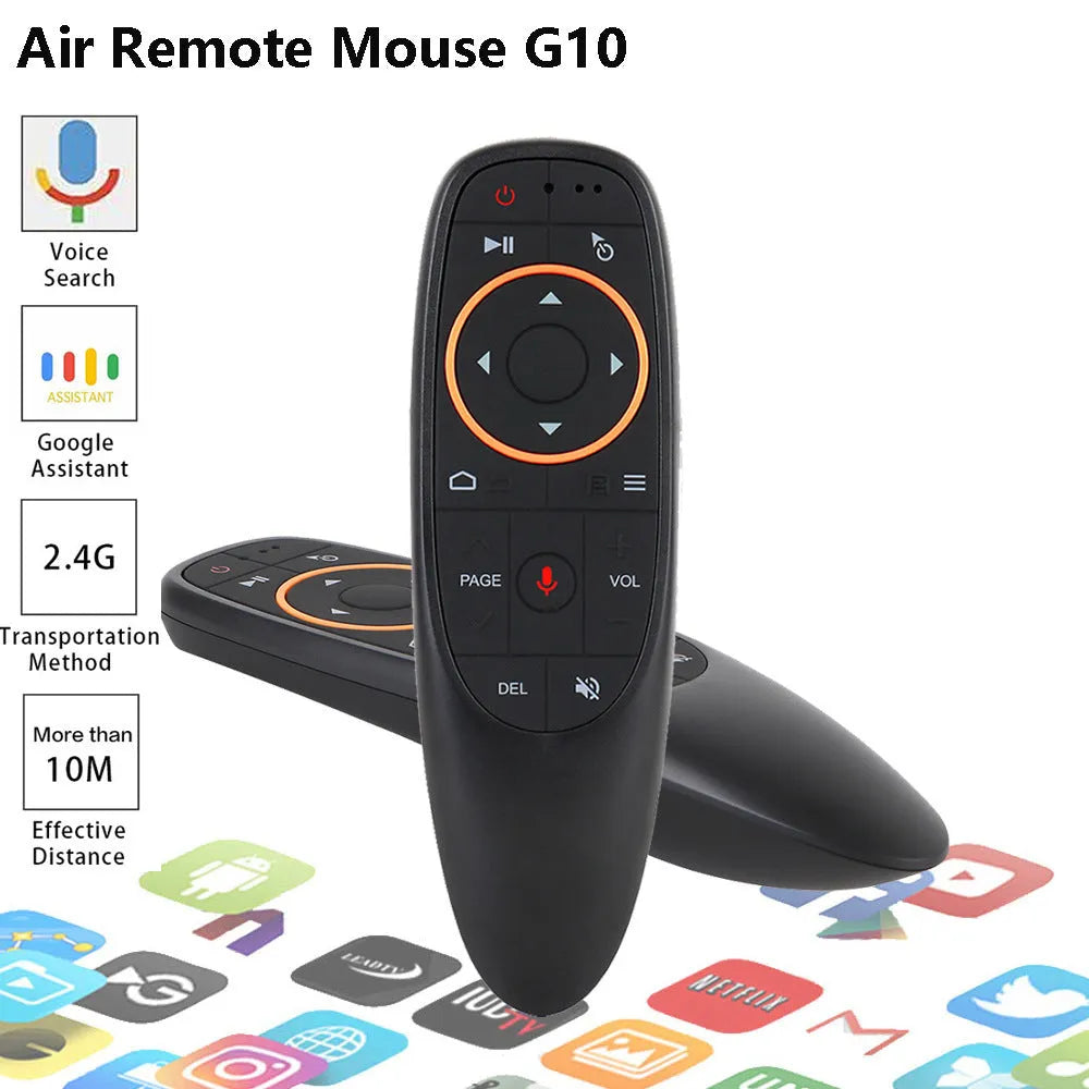 G10S intelligent voice remote control with plastic shell and silicone buttons, shown next to its packaging box.