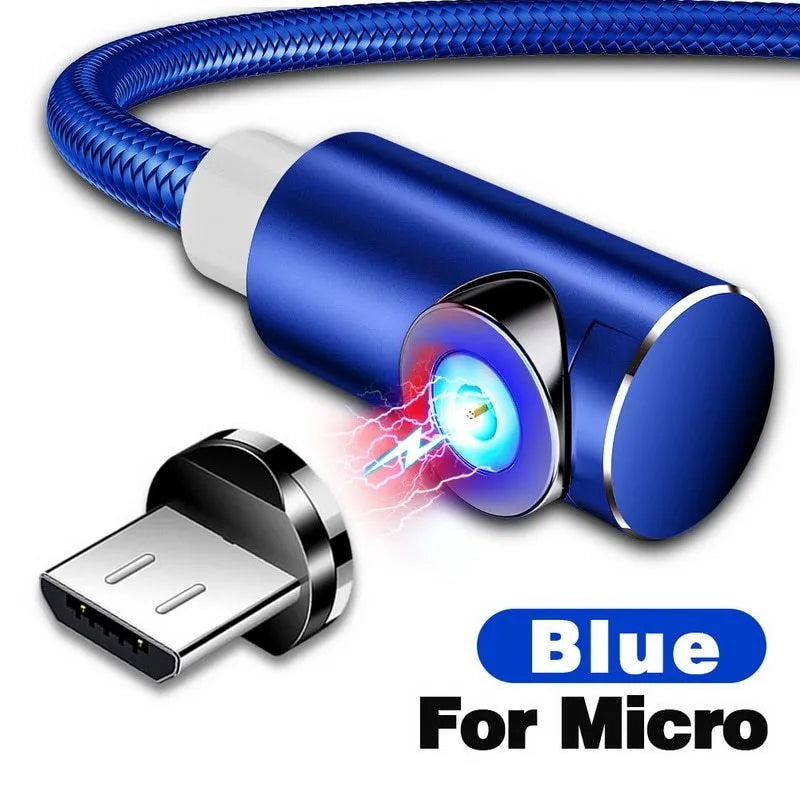 Black magnetic USB charging cable with aluminium connectors for Micro USB, Type C, and Lightning phones.