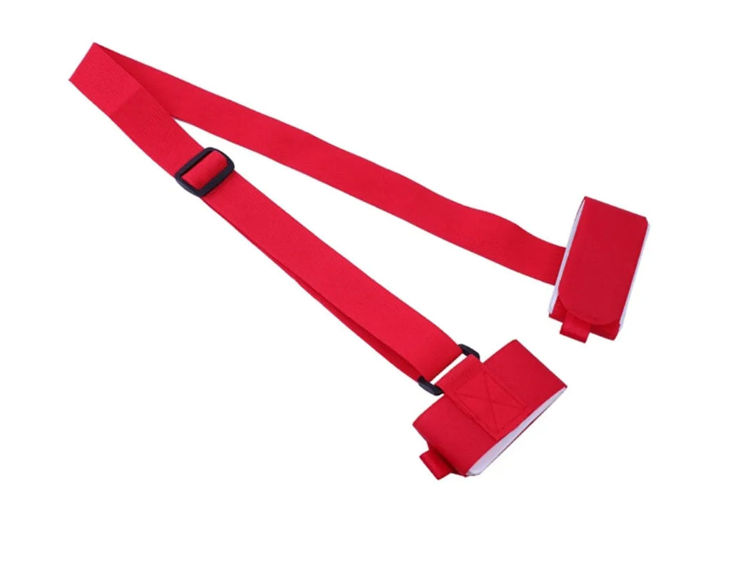 Adjustable nylon skiing handle strap with buckle in black, carried over shoulder