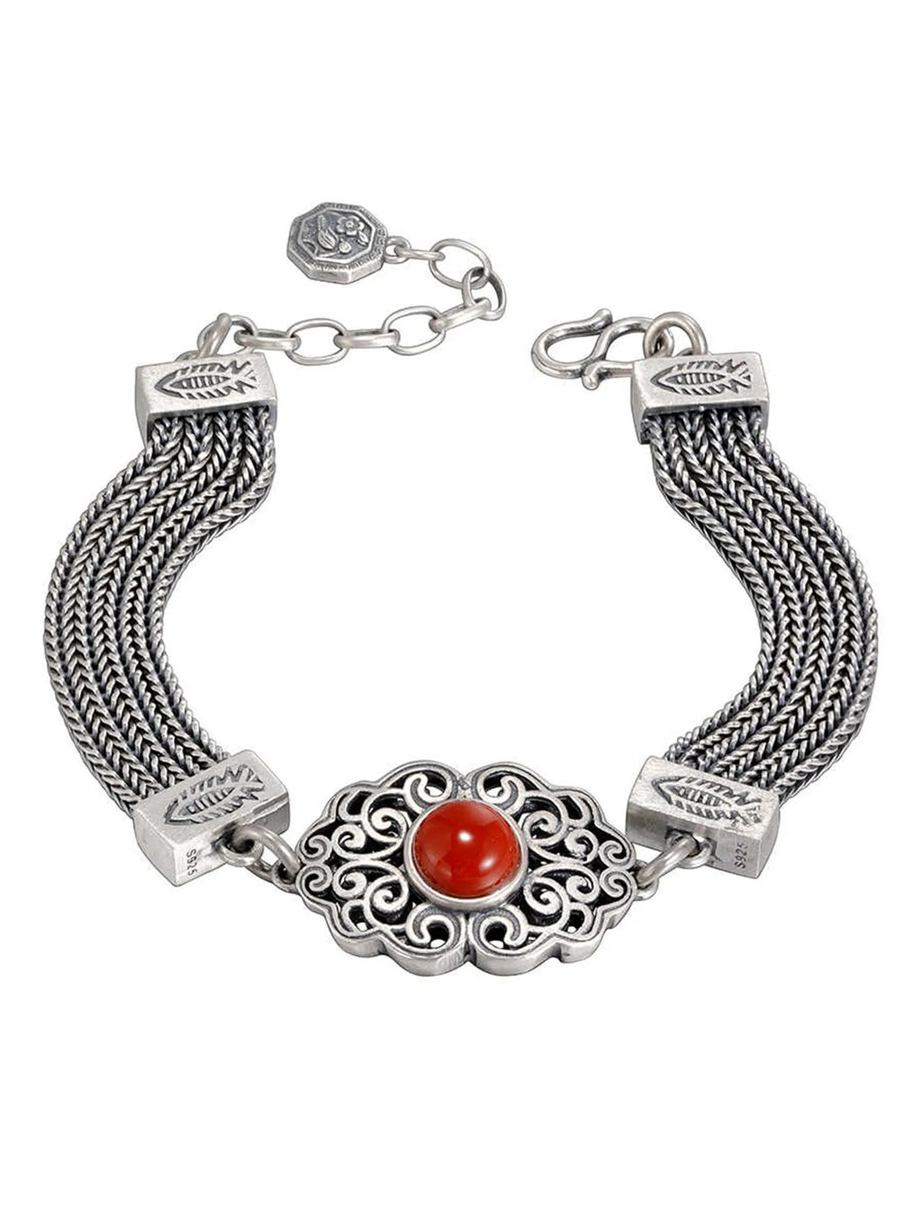 925 sterling silver vintage bracelet with gem inlay, celestial star and moon pattern, 17cm with 4cm extended chain, Xiangyun style