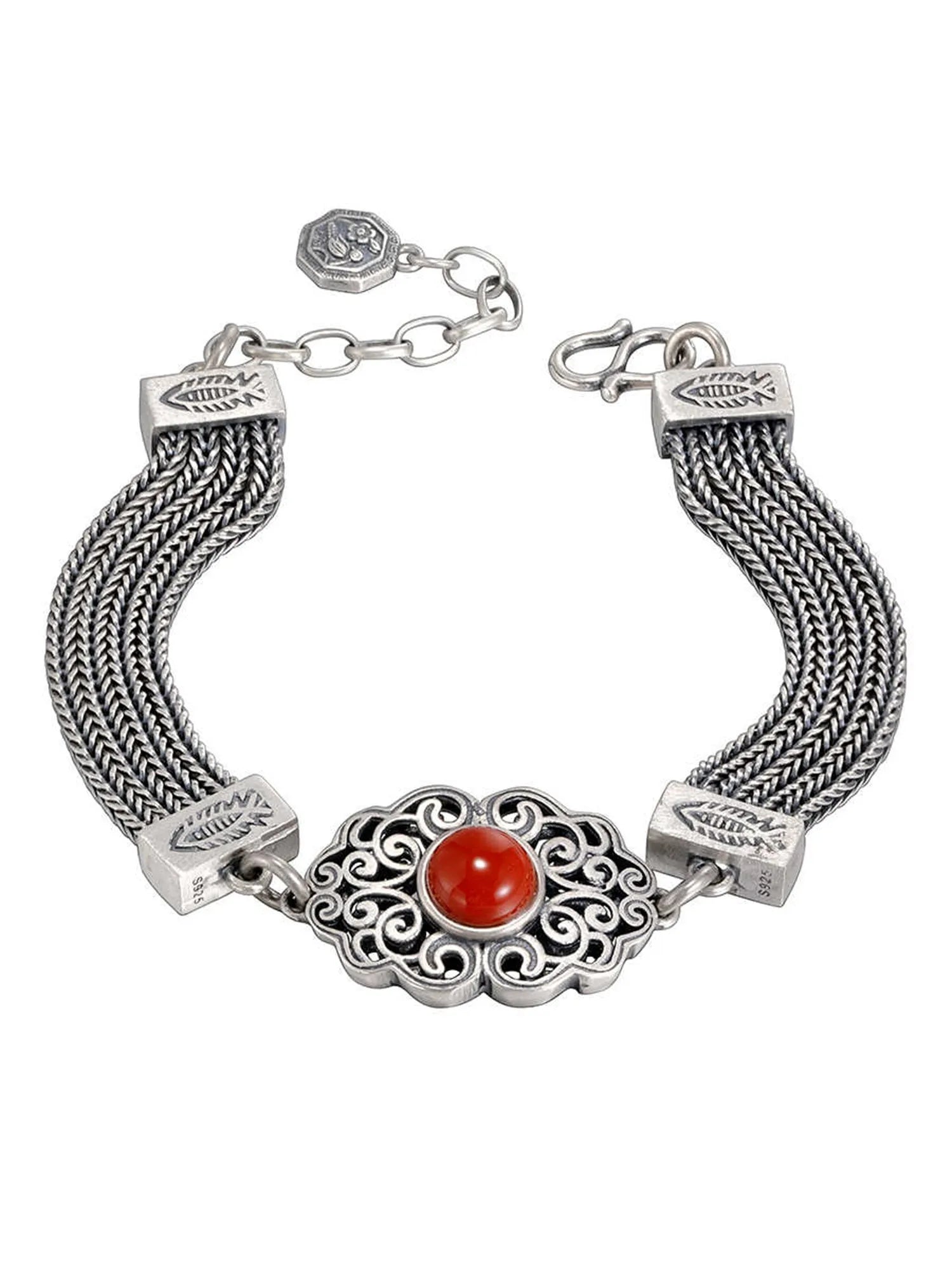 925 sterling silver vintage bracelet with gem inlay, celestial star and moon pattern, 17cm with 4cm extended chain, Xiangyun style