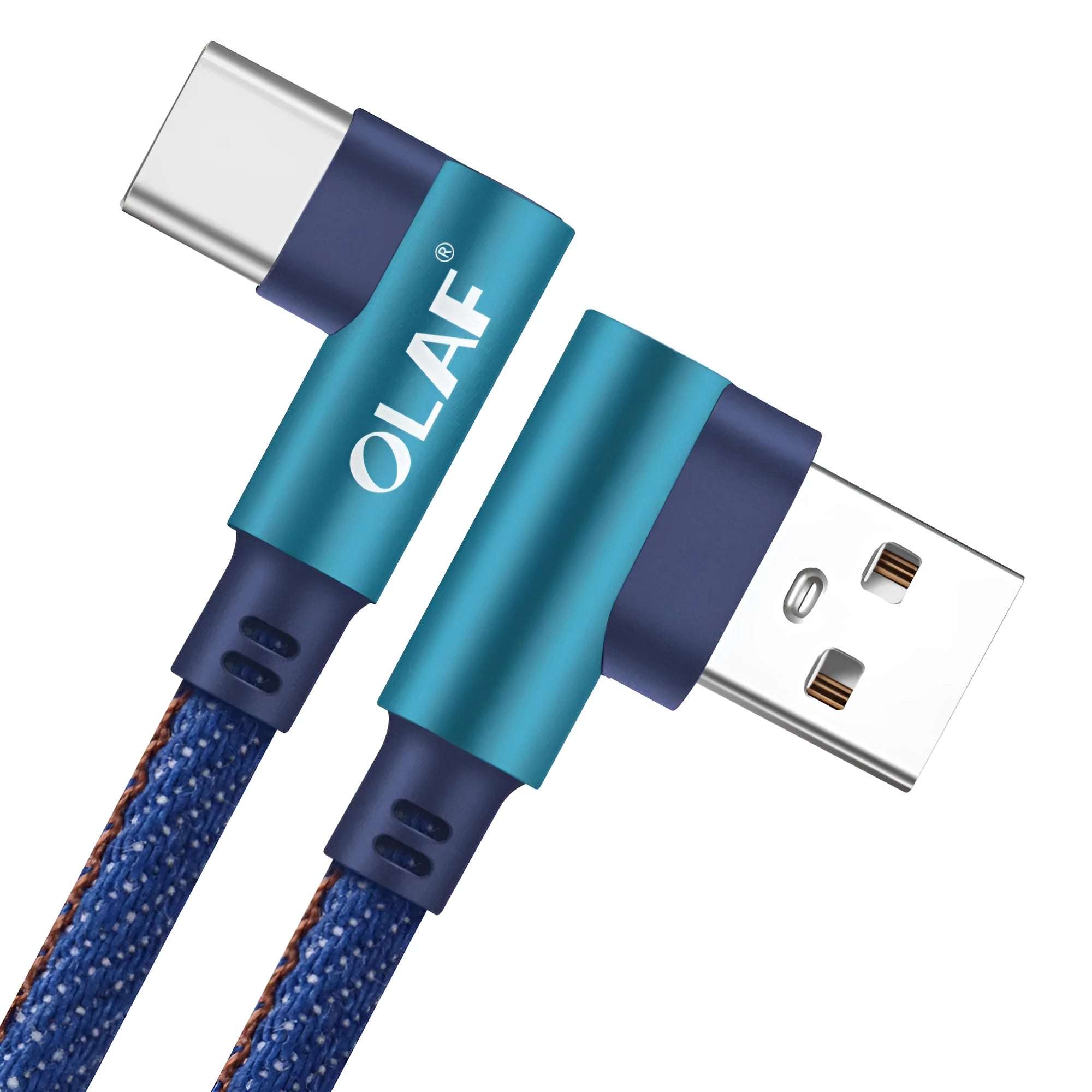 Denil fabric braided USB fast charging cable with aluminium alloy connectors in black and blue.