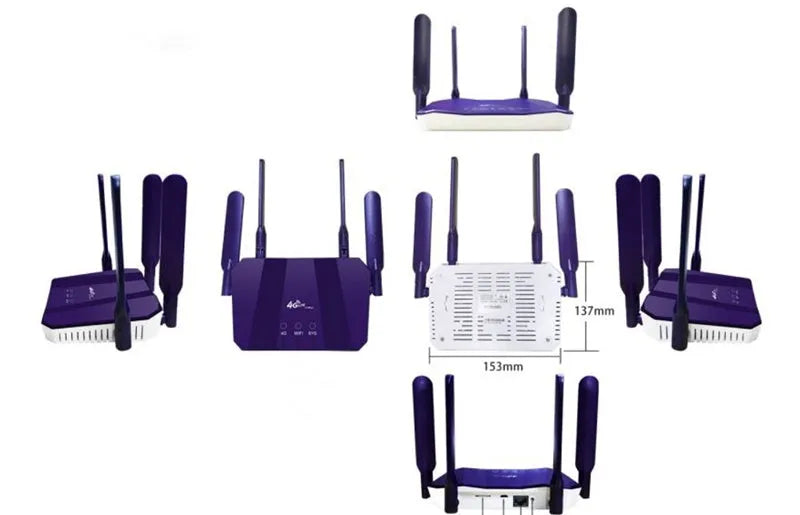 Blue 4G dual mode wireless router with four external antennas, showing compact size.
