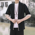 Women's loose-fit buckle cardigan robe kimono in black, Chinese style short sleeves lapel collar