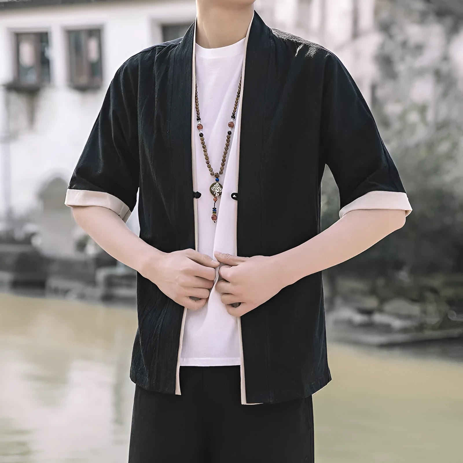 Women's loose-fit buckle cardigan robe kimono in black, Chinese style short sleeves lapel collar