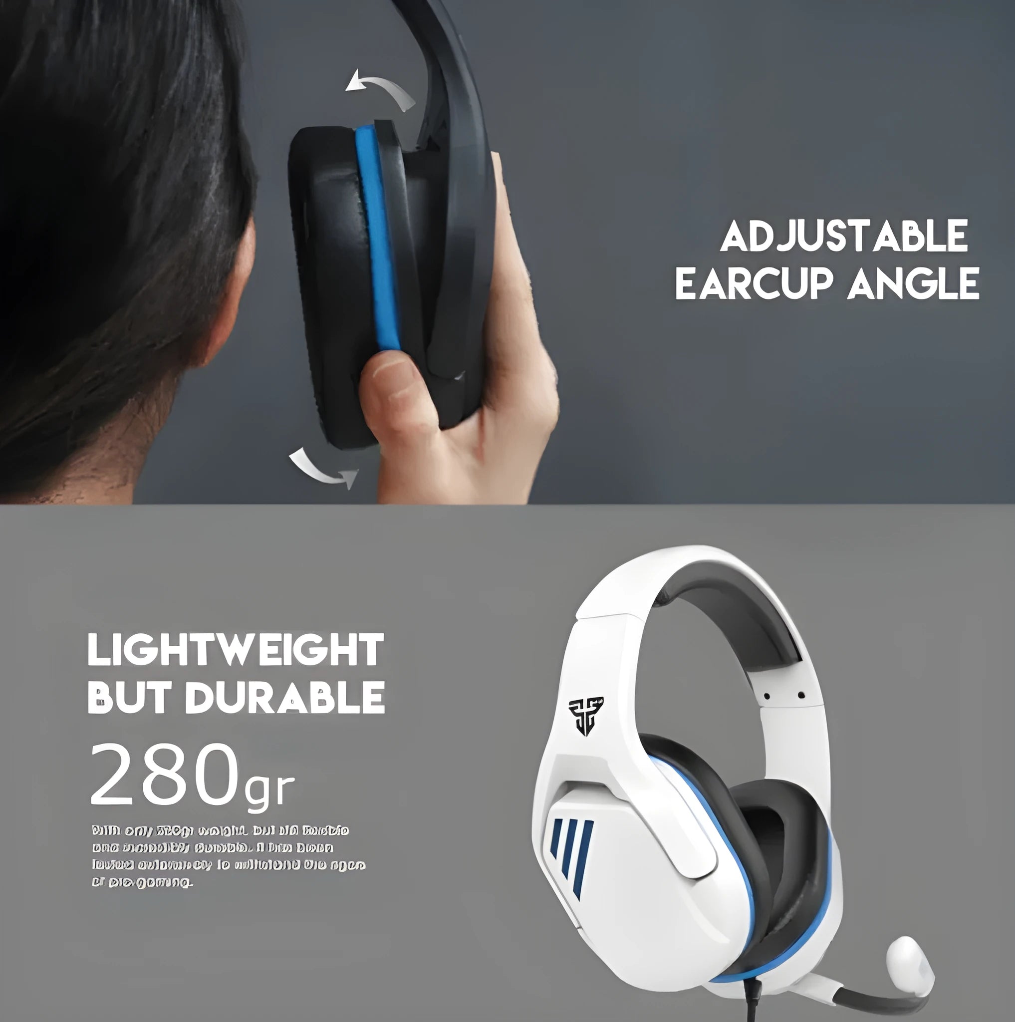 MH86 black and white esports gaming headset with built-in microphone and 2-metre cable