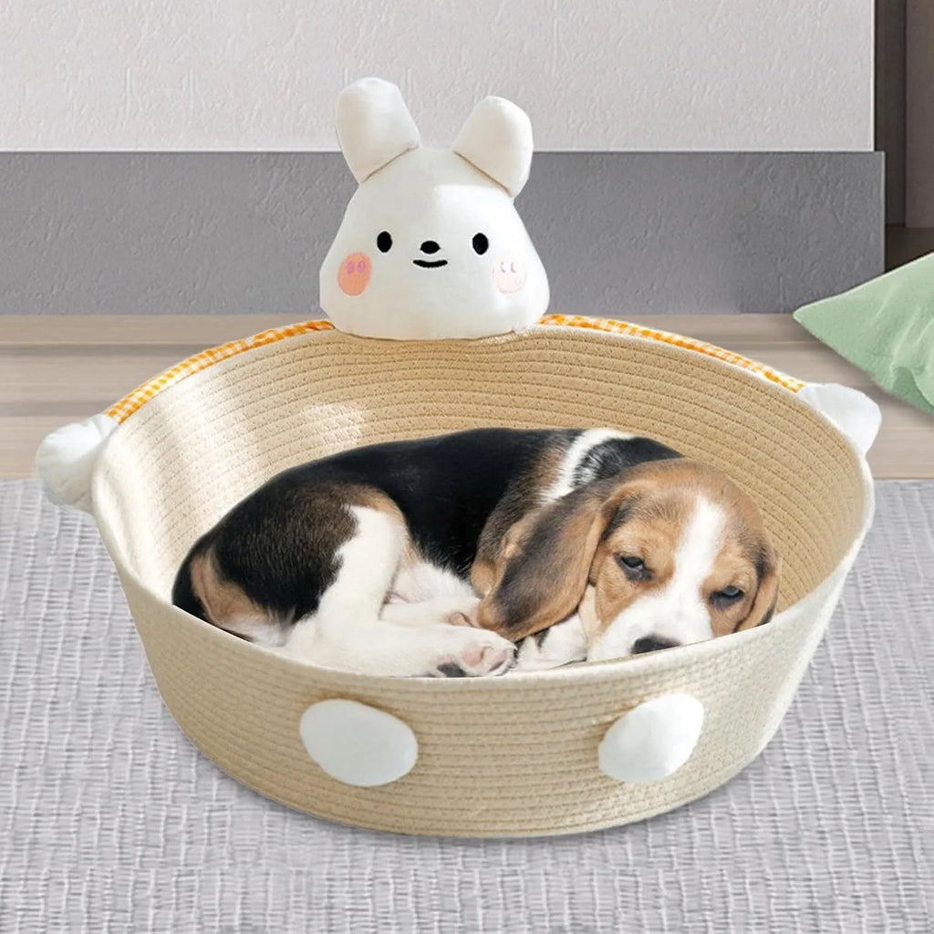 Woven cotton rope cat bed basket with integrated scratch pad, shown in three sizes.