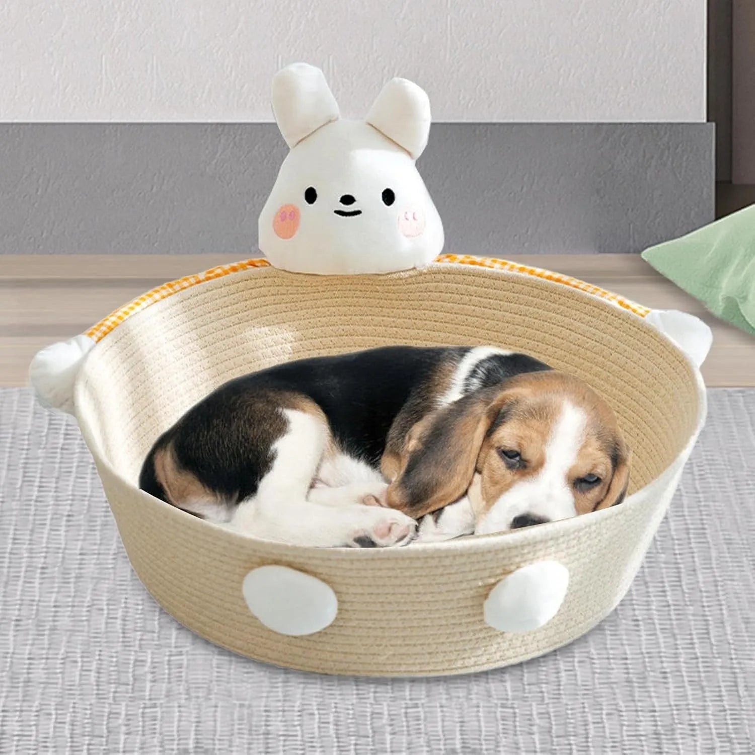 Woven cotton rope cat bed basket with integrated scratch pad, shown in three sizes.
