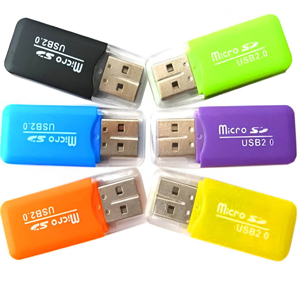 Black mini USB TF memory card reader with a separate SD card adapter on a white background.