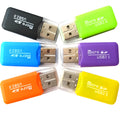 Black mini USB TF memory card reader with a separate SD card adapter on a white background.