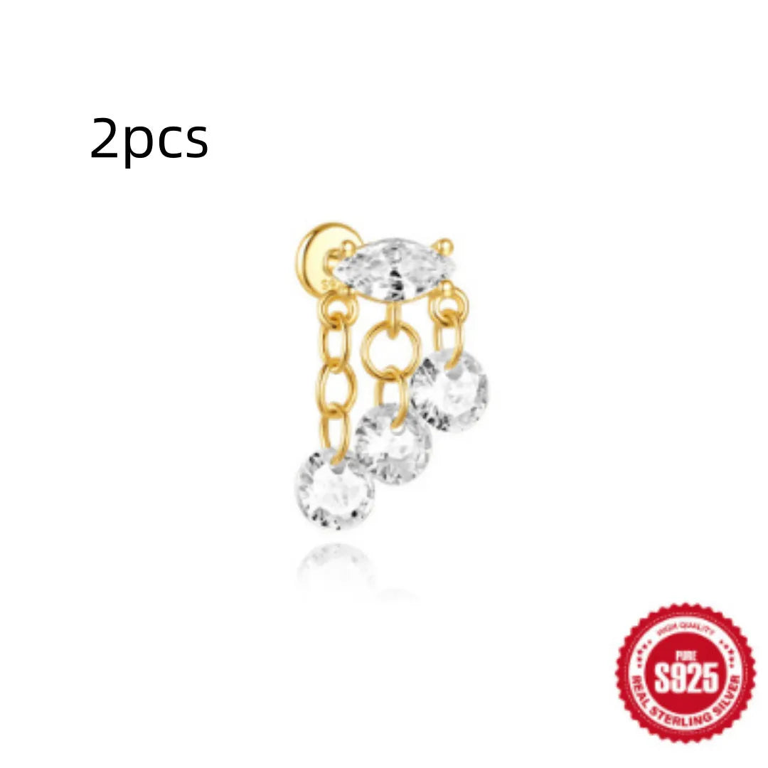 Geometric water drop shaped S925 sterling silver earrings with a flat spiral puncture back, in a gold electroplated finish.