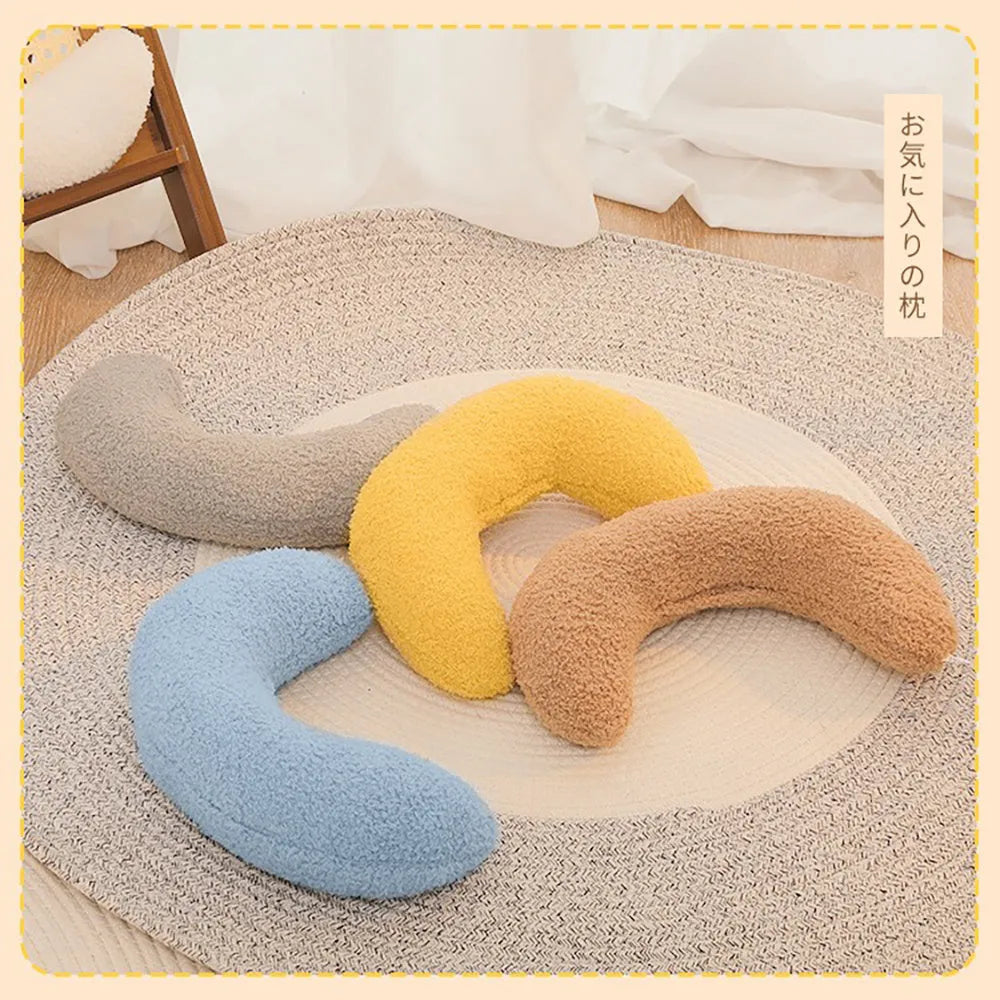 U-shaped blue cat pillow with adjustable fabric collar for pet cervical support