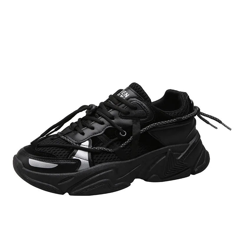 Men's Korean style platform dad shoes in black colour with lace-up front and mesh lining.