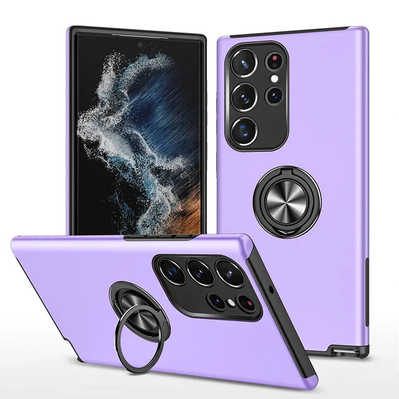 Magnetic ring stand anti drop Samsung phone case in PU, back cover with bracket and magnetic suction
