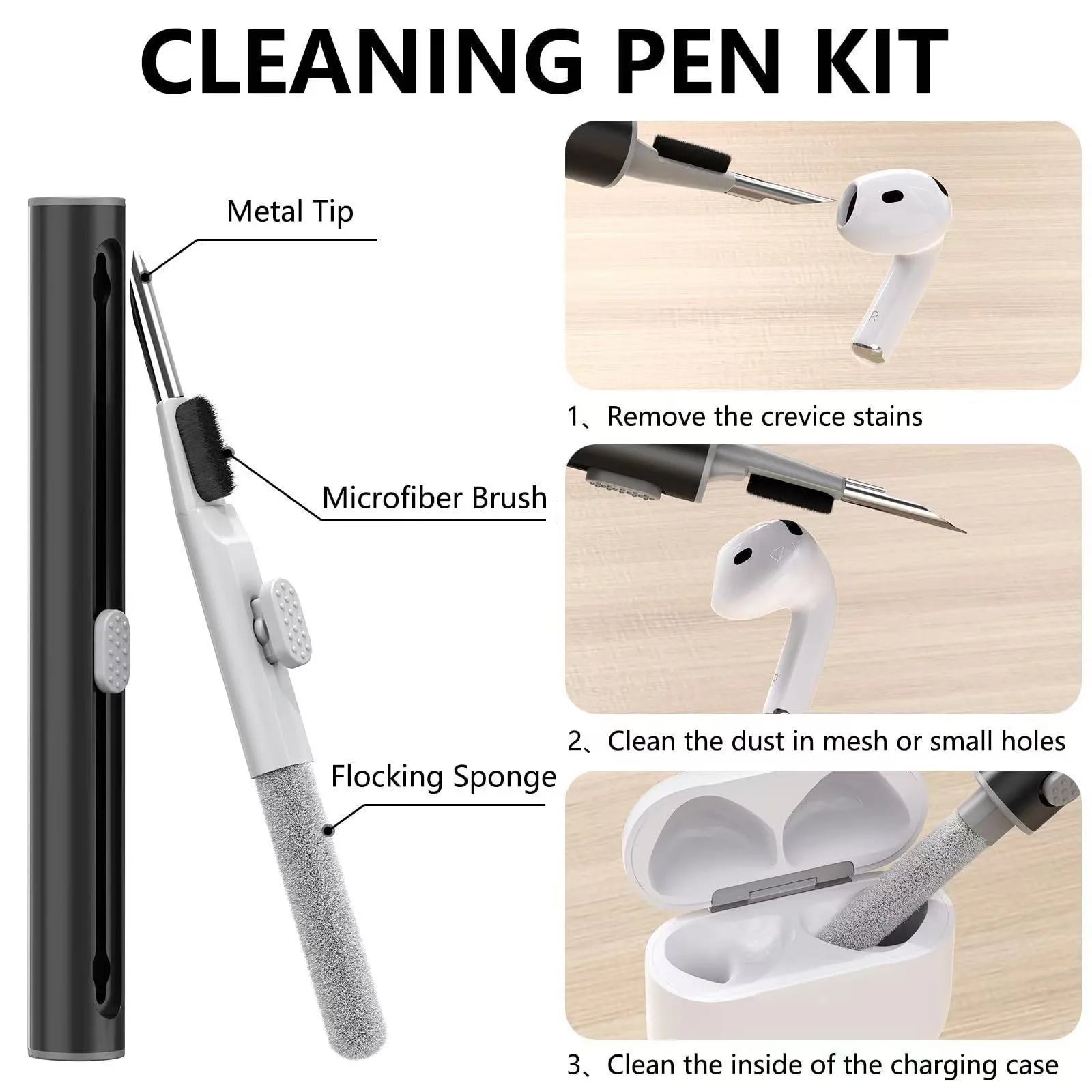 Set of silicone protective cover and cleaning pen for Airpods, embossed texture, black silicone case, white cleaning pen