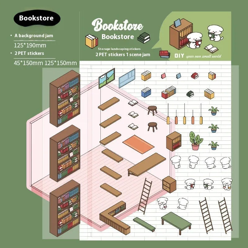 Set of eight colourful Capabala 3D business-themed cartoon stickers including bakery and bookstore designs.