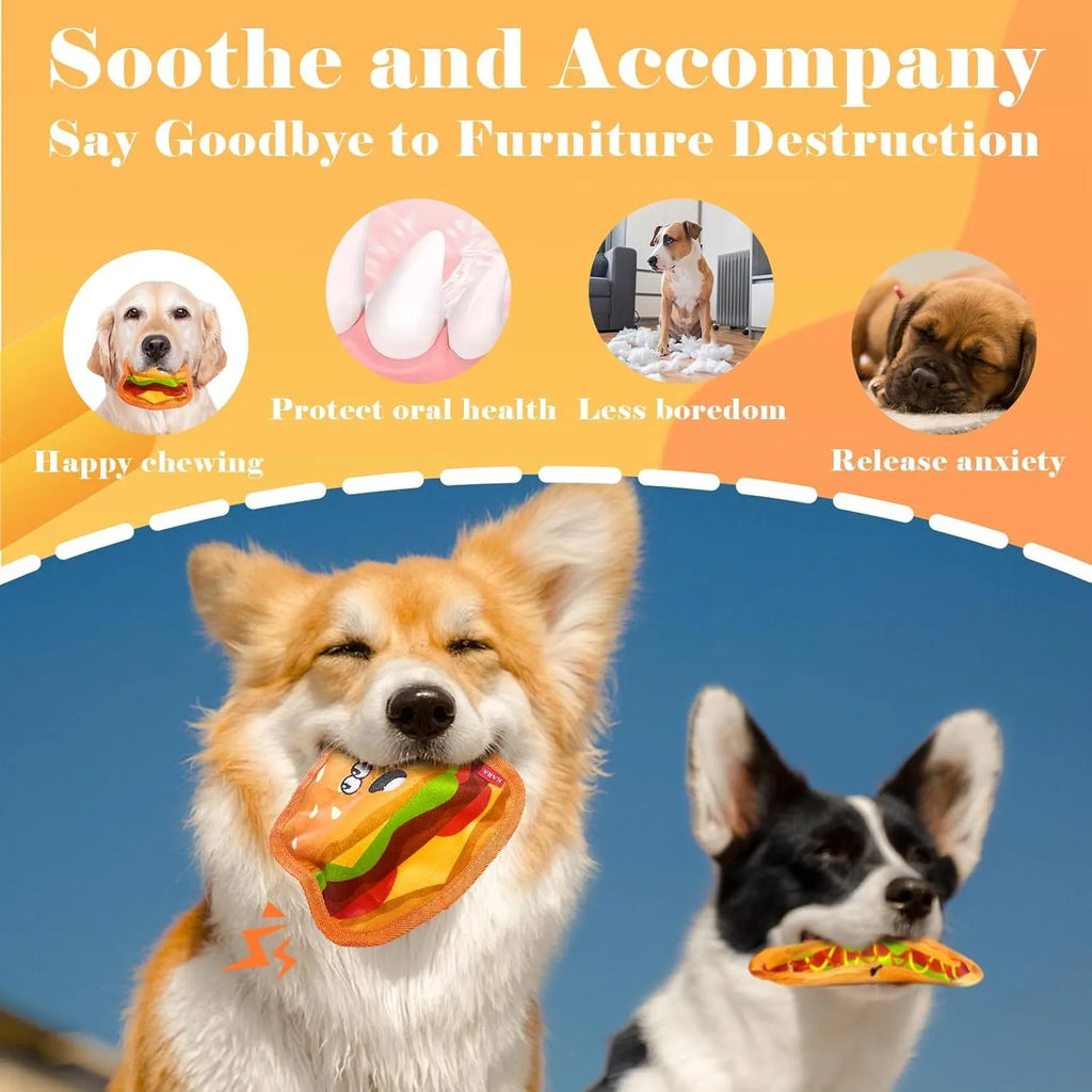 Colourful food-shaped dog toys including a burger, fries, hot dog, and pizza on a white background.