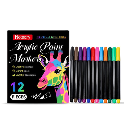 Set of 12 acrylic paint markers with fine tips for crafts and art.