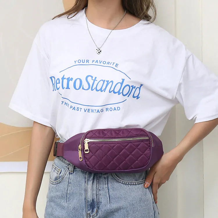 Rhombus fanny pack for women in solid colour, crossbody waist bag with zippered compartments