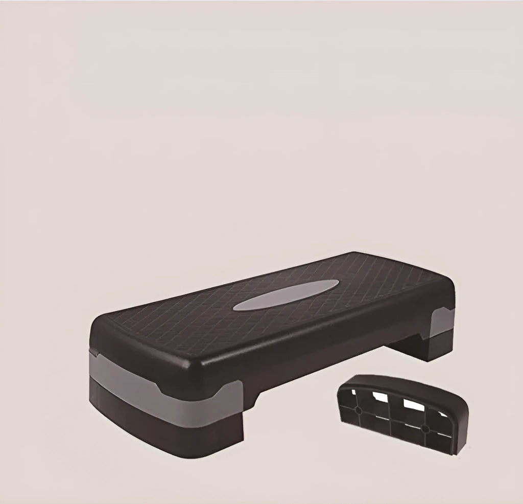 Aerobic fit step pedal in PP material, 68 by 28 by 15 cm, black and blue colour, for home cardio exercise