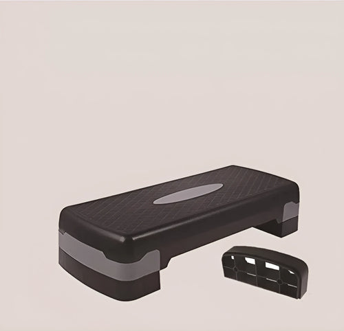 Aerobic fit step pedal in PP material, 68 by 28 by 15 cm, black and blue colour, for home cardio exercise
