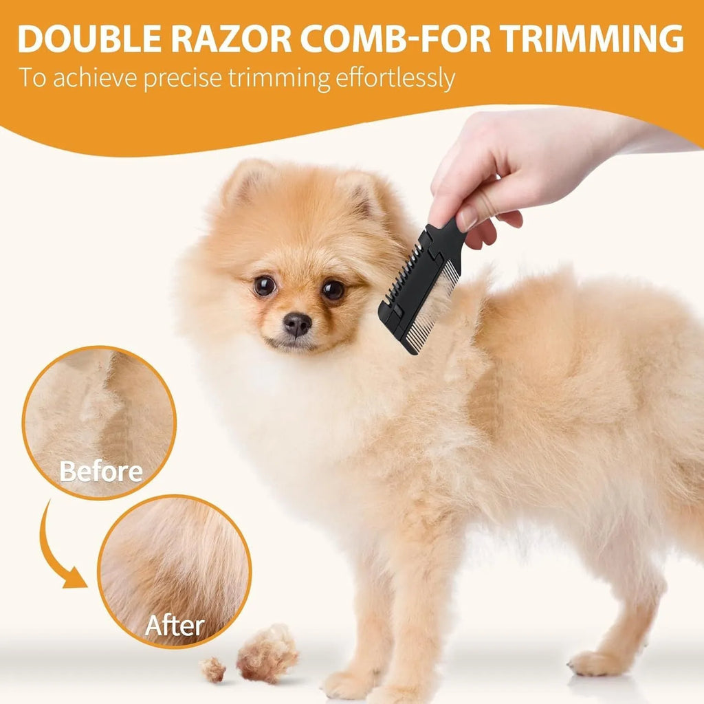 Pet razor comb grooming tool with comb teeth and integrated blade, includes replacement blades.