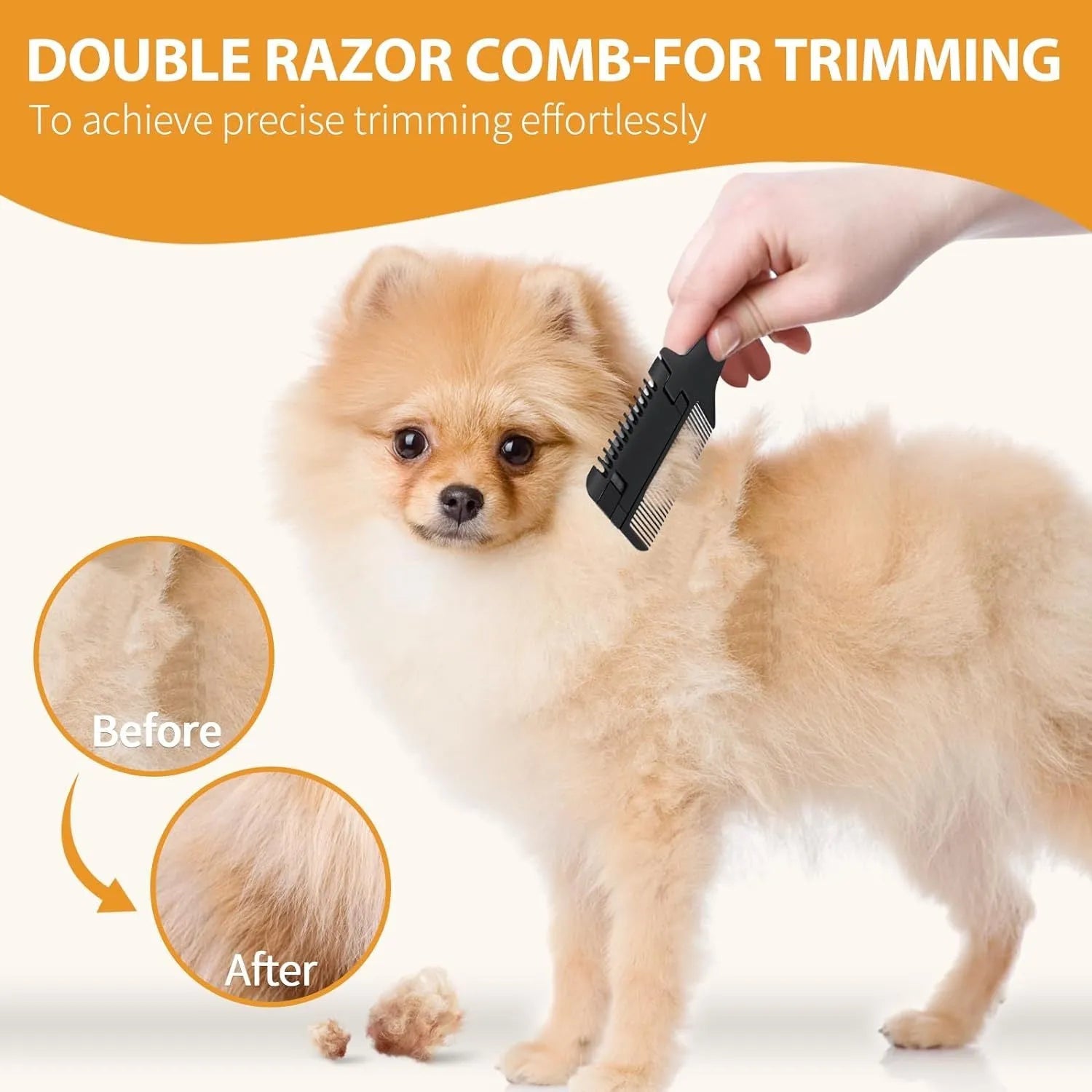 Pet razor comb grooming tool with comb teeth and integrated blade, includes replacement blades.