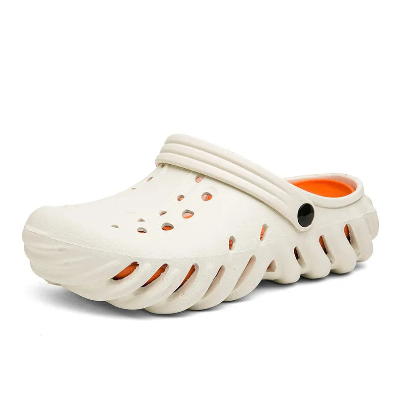 Beige men's EVA slipper sandals with hollow out pattern and non-slip sole.