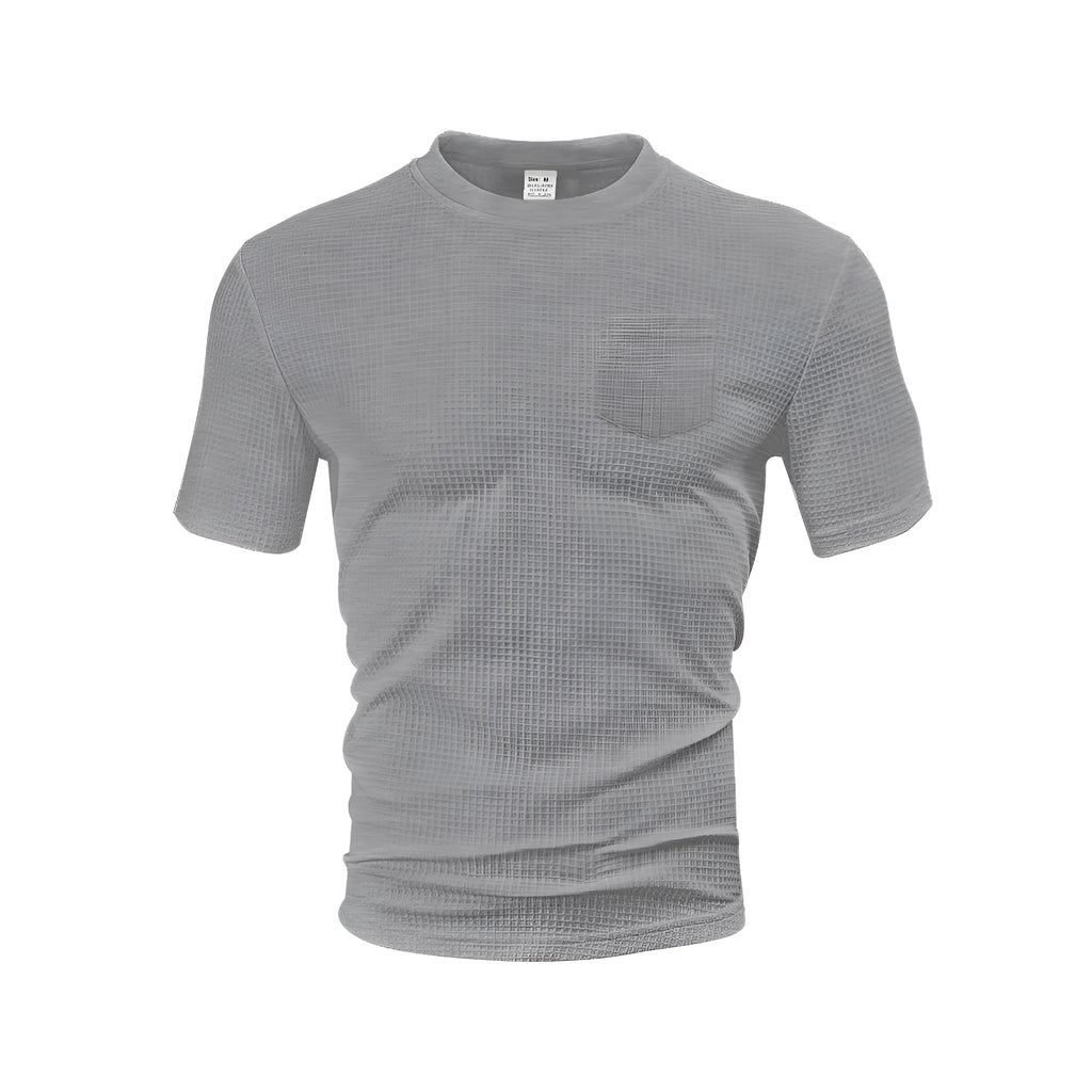 Men's loose casual short-sleeved T-shirt with pockets, large waffle fabric, grid pattern, available in seven colours and sizes S to XXXL