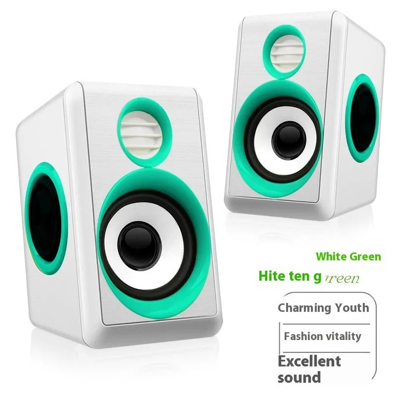 Two compact USB mini speakers in Black Silver finish with extra bass for laptop audio